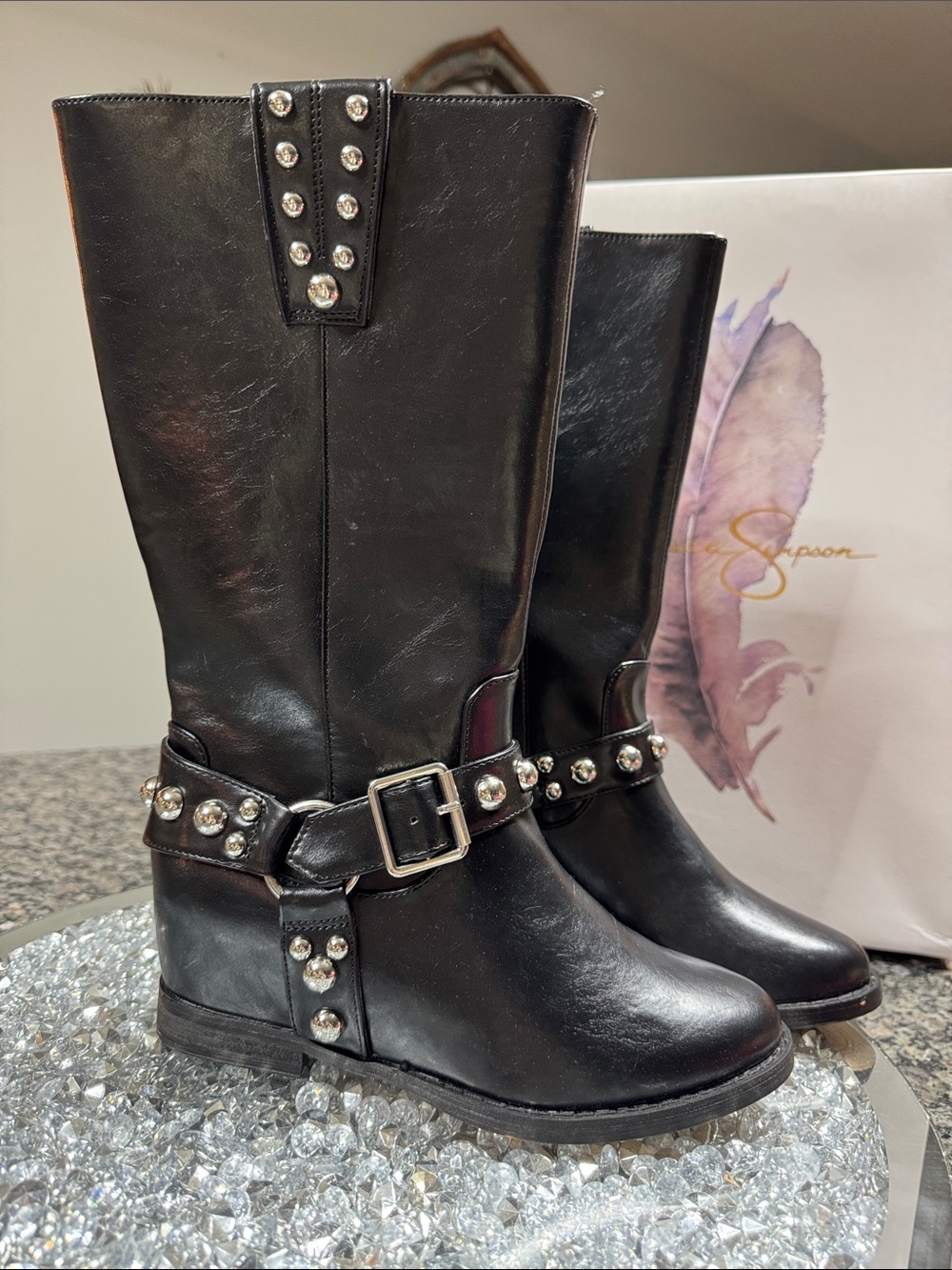 Jessica Simpson Miley hidden wedge Black Studded Mid-Calf moto Boots NEW 6